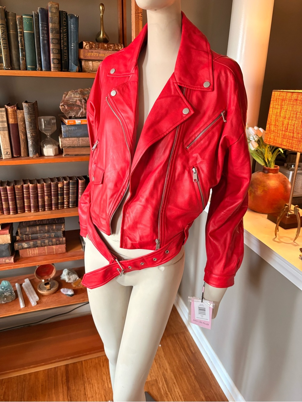 Avec Les Filles Vibrant Red Faux Leather Moto Jacket
